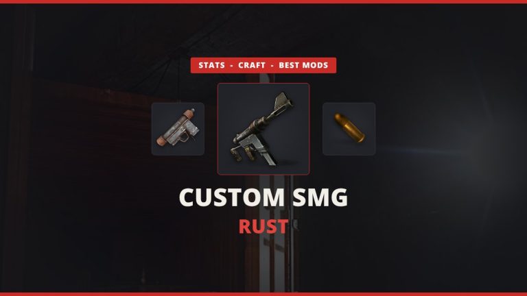 Custom SMG Rust featured image: the Custom SMG between an SMG body and pistol ammo over a Military Tunnels screenshot