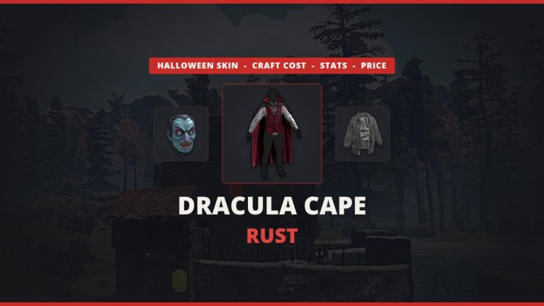 Dracula Cape Rust featured image: the real Rust Dracula Cape icon between the Dracula Mask and the Jacket over a darkened in-game base
