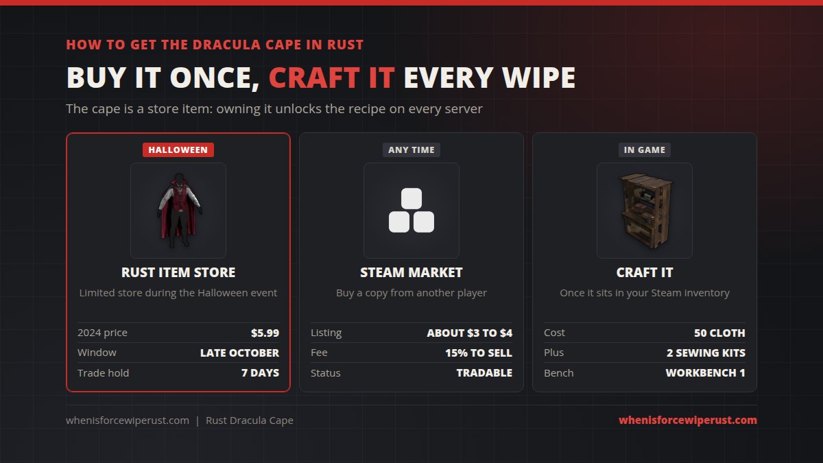 How to get the Dracula Cape in Rust: buy it from the limited Rust Item Store during Halloween for 5.99 dollars, buy a copy on the Steam Community Market for about 3 to 4 dollars, then craft it in game from 50 cloth and 2 sewing kits at Workbench 1