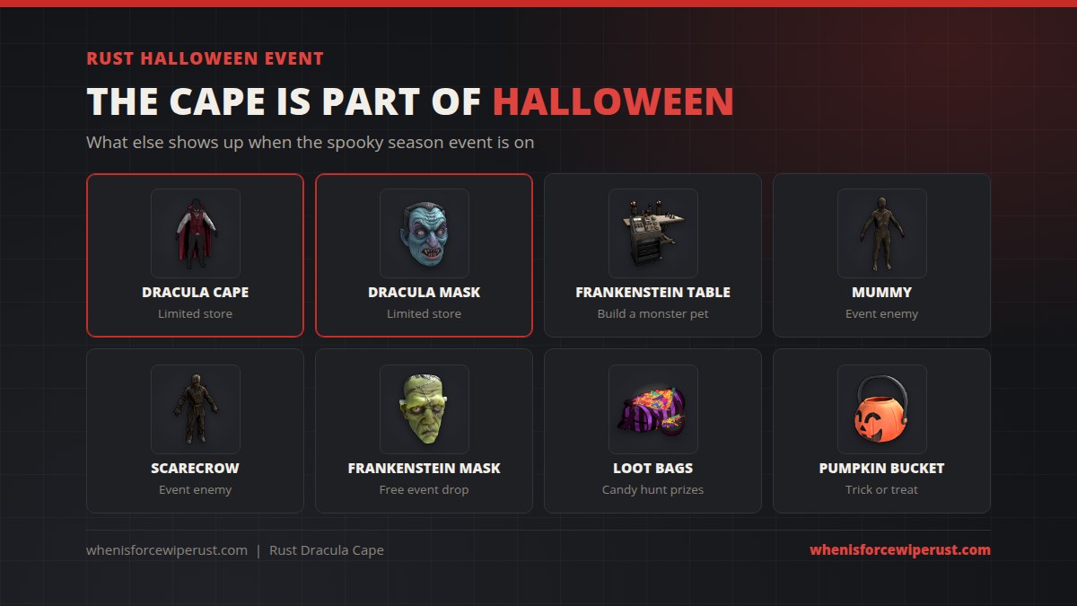 Rust Halloween event items: Dracula Cape and Dracula Mask in the limited store, the Frankenstein Table for a monster pet, Mummies and Scarecrows as event enemies, the free Frankenstein Mask, Halloween loot bags from the candy hunt and the Pumpkin Bucket