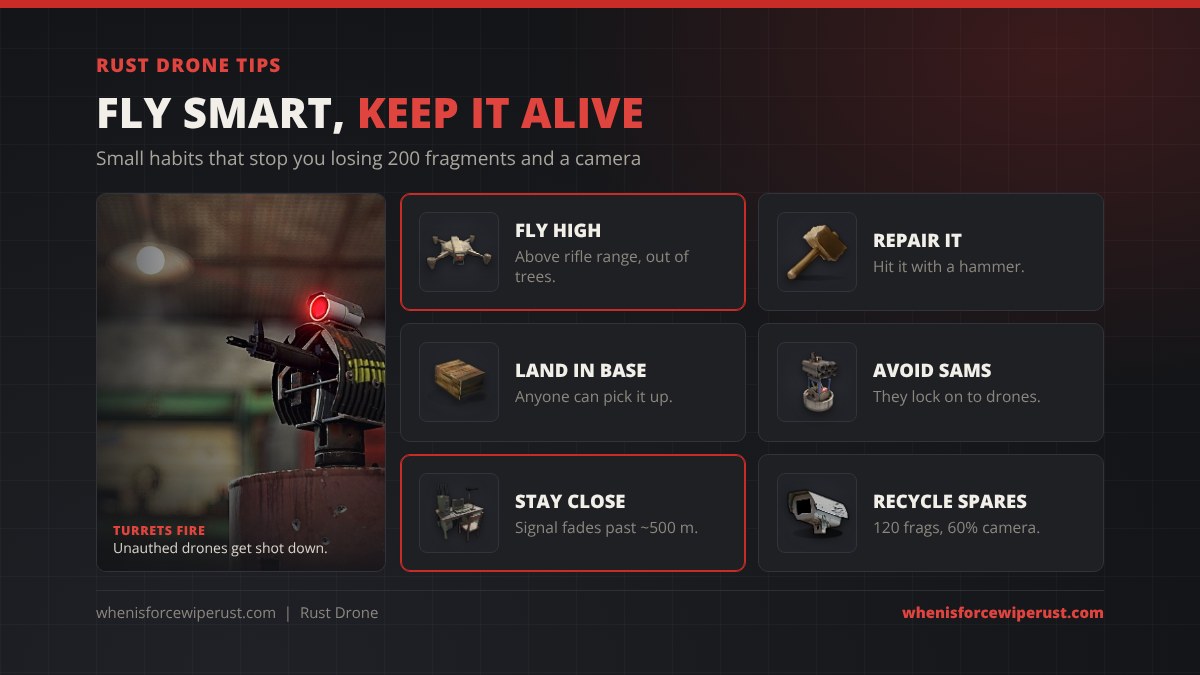 Rust drone tips: fly high above rifle range and out of trees, repair it with a hammer, land it inside your base because anyone can pick it up, avoid SAM sites that lock on to drones, stay within about 500 m of the station, and recycle spares for 120 fragments and a 60% chance of the camera