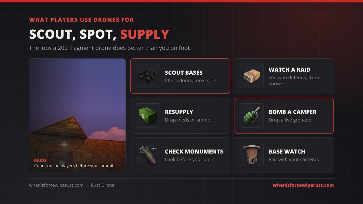 What players use drones for in Rust: scout bases for doors, turrets and the tool cupboard, watch a raid from above, resupply teammates with meds or ammo, bomb a roof camper with a live grenade, check monuments before going in, and pair with base cameras