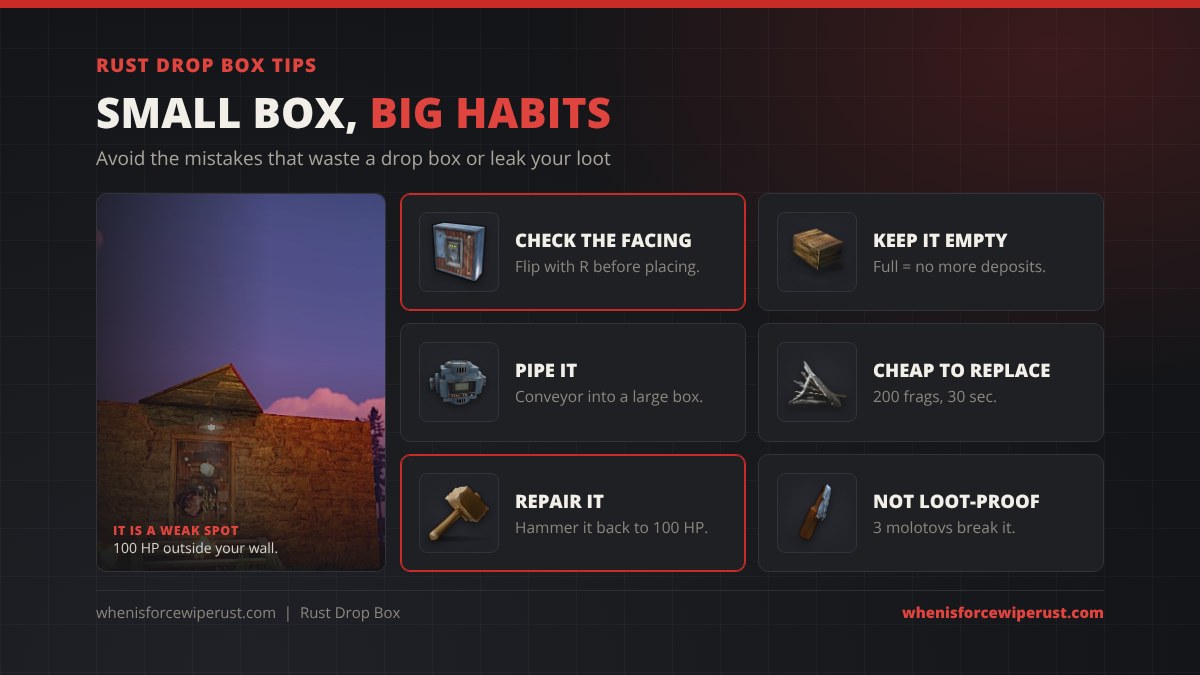 Rust drop box tips: check the facing and flip with R before placing, keep the rear empty because a full box takes no deposits, pipe it into a large box with a conveyor, it is cheap to replace at 200 frags, repair it with a hammer, and it is not loot-proof because 3 molotovs break it