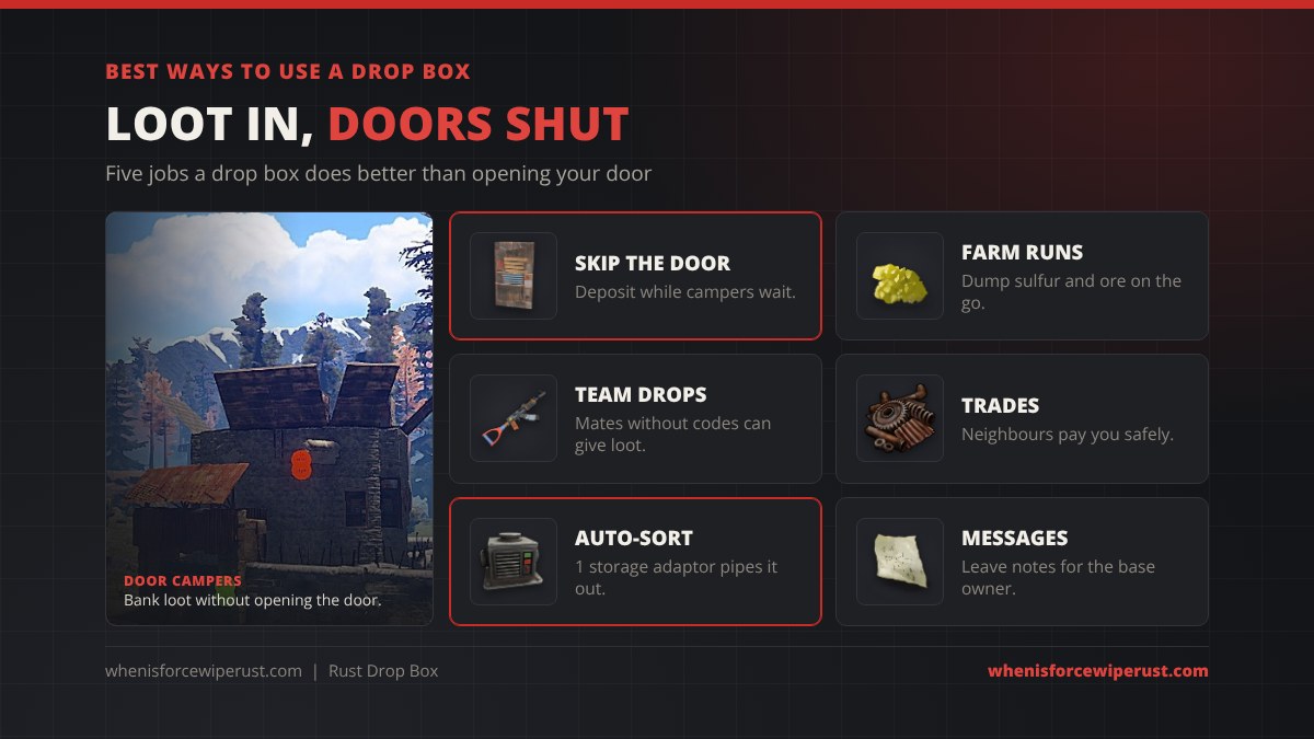 Best ways to use a drop box in Rust: skip the door while campers wait, dump sulfur and ore on farm runs, let teammates without codes give loot, take trades from neighbours, auto-sort with a storage adaptor, and leave notes for the base owner