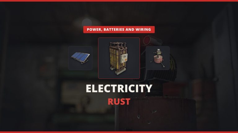 Rust electricity featured image: a Large Rechargeable Battery between a Large Solar Panel and an Auto Turret over a dark Rust base