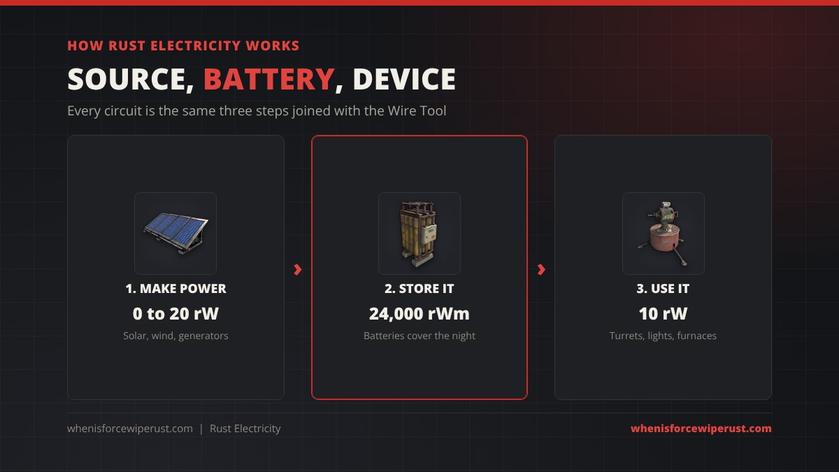 How Rust electricity works in three steps with real item icons: a Large Solar Panel making power, a Large Rechargeable Battery storing it and an Auto Turret using it
