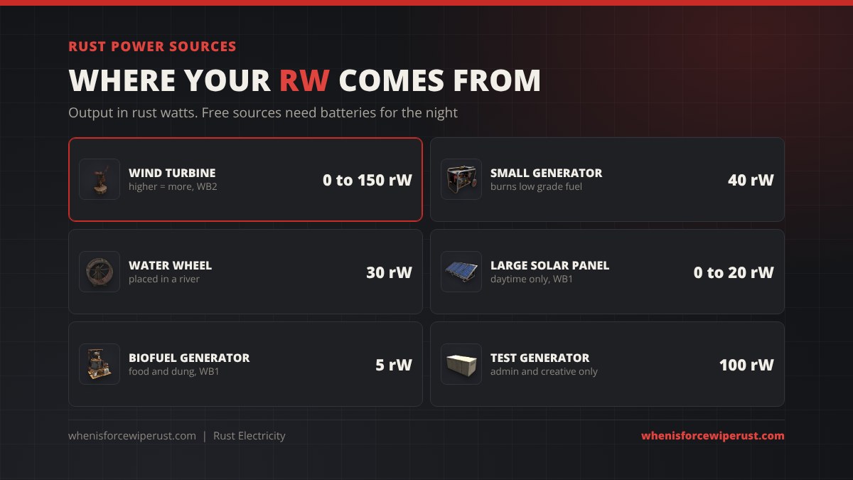 Rust power sources compared with real icons: Wind Turbine 0 to 150 rW, Small Generator 40 rW, Water Wheel 30 rW, Large Solar Panel 0 to 20 rW, Biofuel Generator 5 rW and Test Generator 100 rW