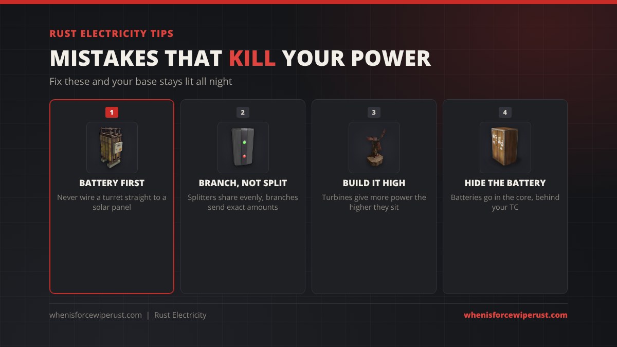 Rust electricity tips with real icons: battery first, use an electrical branch instead of a splitter, build wind turbines high, hide the battery next to the Tool Cupboard