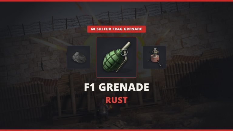 F1 Grenade Rust featured image: the F1 Grenade between gun powder and an auto turret over an in-game Rust raid explosion