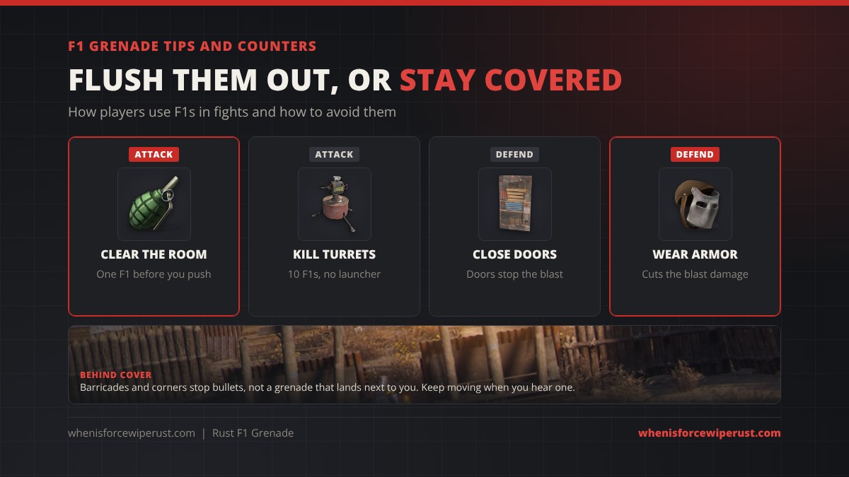 Rust F1 grenade tips and counters: clear rooms and roof campers, stack 10 to kill a turret, stick one on a hatch, buy them at Bandit Camp; defenders close doors, wear armor and never stand in open doorways