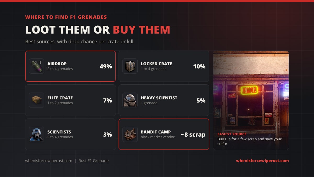 Where to find F1 grenades in Rust: airdrops about 49 percent for 2 to 4, locked crates about 10 percent, elite crates about 7 percent, heavy scientists about 5 percent, regular scientists about 3 percent, and the Bandit Camp black market vendor for a few scrap