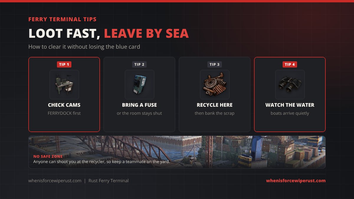 Ferry Terminal tips in Rust: check the FERRYDOCK camera first, bring an electric fuse or the puzzle room stays shut, recycle on site and bank the scrap, and watch the water because boats arrive quietly