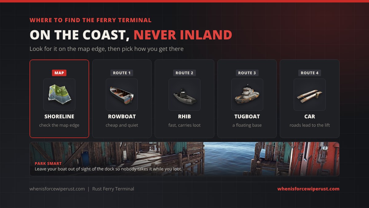 Where to find the Ferry Terminal in Rust: it spawns on the shoreline, and you can reach it by rowboat, RHIB, tugboat or by car using the roads to the car lift