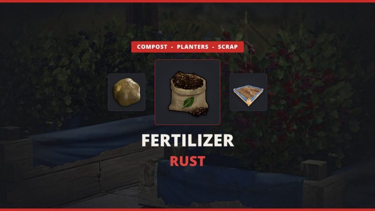 Fertilizer Rust featured image: the fertilizer bag between horse dung and a large planter box over an in-game Rust berry farm