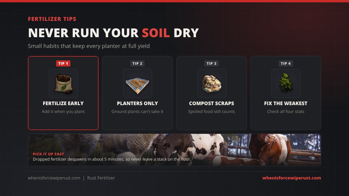 Rust fertilizer tips: fertilize when you plant, only planter boxes take fertilizer, compost spoiled food, fix the weakest of the four plant conditions, and pick up dropped fertilizer before it despawns in about 5 minutes