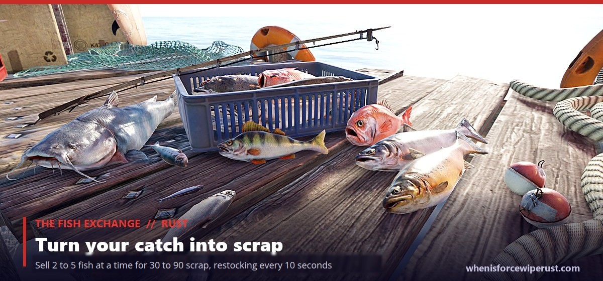 A haul of raw fish on a dock table at the Rust Fishing Village, illustrating the Fish Exchange vendor that pays 30 to 90 scrap per trade of 2 to 5 fish with a 10 second restock, a quiet early-wipe scrap income