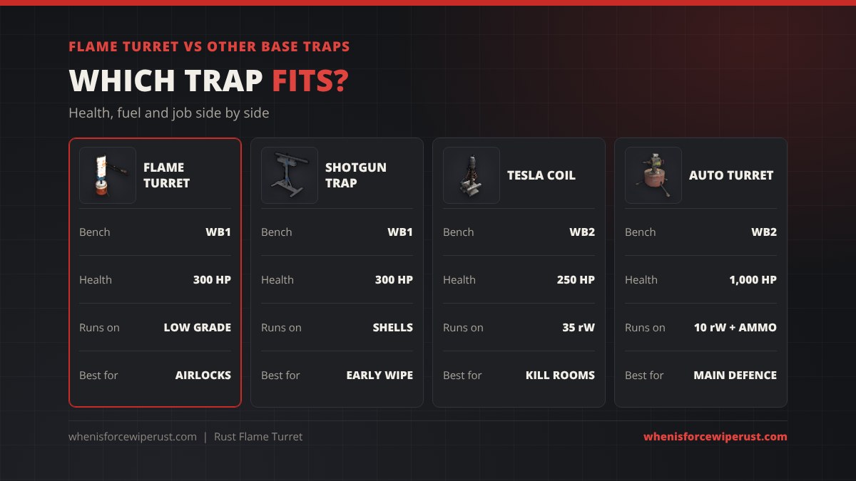 Flame turret vs other Rust base traps: flame turret Workbench 1, 300 HP, low grade fuel, best for airlocks; shotgun trap Workbench 1, 300 HP, handmade shells, early wipe; tesla coil Workbench 2, 250 HP, 35 rW; auto turret Workbench 2, 1,000 HP, 10 rW plus ammo, main defence