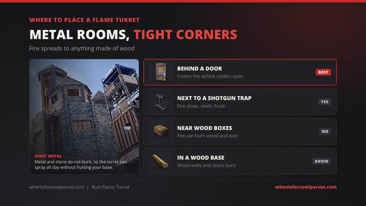 Where to place a flame turret in Rust: behind a door in a metal or stone airlock is best, next to a shotgun trap works, never near wooden boxes because fire burns wood and loot, and avoid wood bases because wood walls and doors burn