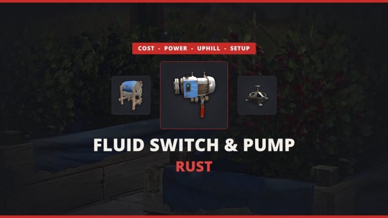 Rust Fluid Switch and Pump featured image: the fluid switch icon between a water barrel and a sprinkler over real in-game Rust planters