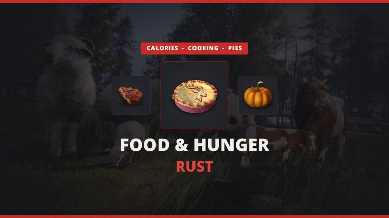 Rust food and hunger featured image: a Hunters Pie between cooked bear meat and a pumpkin over official Rust livestock art