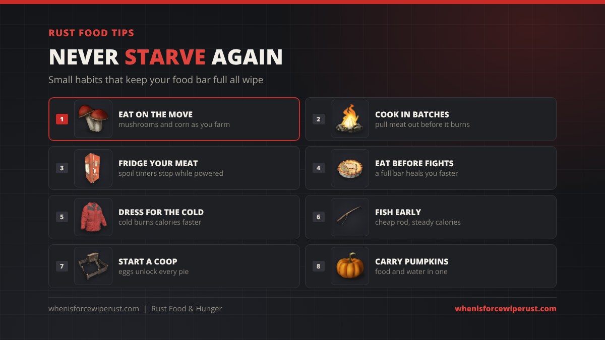 Rust food tips: eat mushrooms and corn on the move, cook in batches and pull meat out before it burns, keep meat in a powered fridge, eat before fights, dress for the cold, fish early, start a chicken coop and carry pumpkins