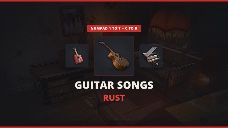 Rust guitar songs featured image: the Acoustic Guitar between a Jerry Can Guitar and a Wheelbarrow Piano in a lamp-lit Rust base room
