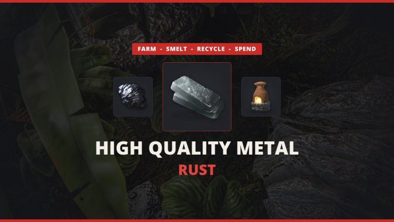 Rust high quality metal featured image: the HQM icon between HQM ore and a furnace over a real in-game HQM node in the jungle