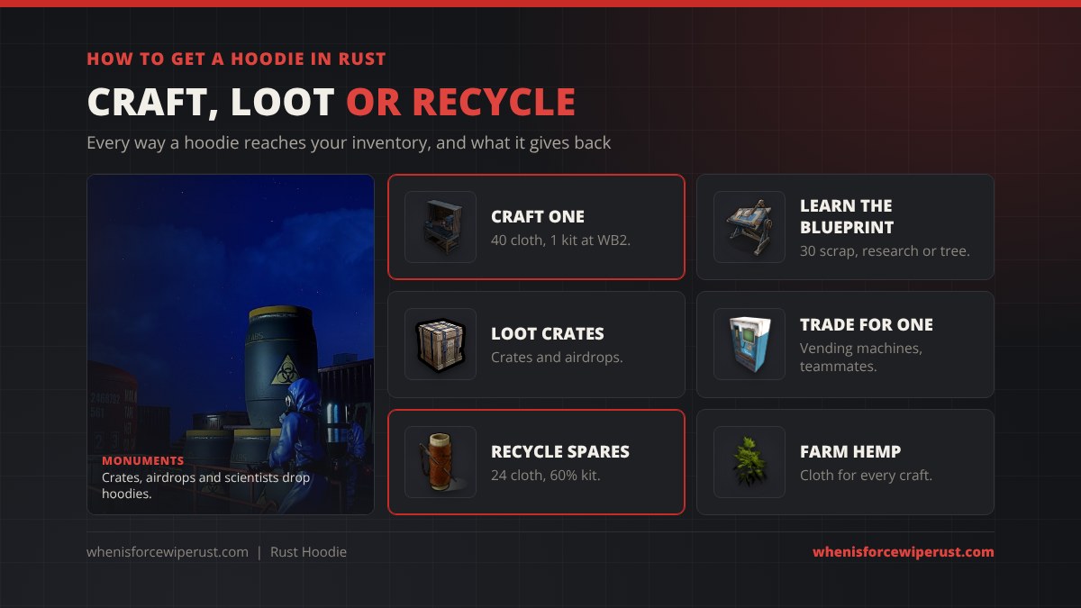 How to get a hoodie in Rust: craft one for 40 cloth and 1 sewing kit at Workbench 2, learn the blueprint for 30 scrap, loot crates and airdrops, trade for one at vending machines, recycle spares for 24 cloth and a 60% chance of a sewing kit, and farm hemp for cloth