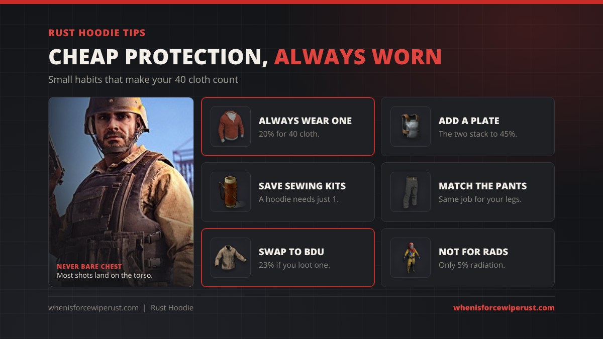 Rust hoodie tips: always wear one for 20% protection at 40 cloth, add a Metal Chest Plate because the two stack to 45%, save sewing kits since a hoodie needs only one, match it with pants, swap to a BDU shirt for 23% if you loot one, and do not rely on it for radiation