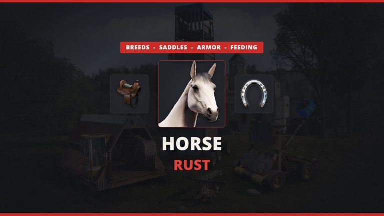 Horse Rust featured image: a real Rust horse between a saddle and High Quality Horse Shoes over official Rust siege weapon art