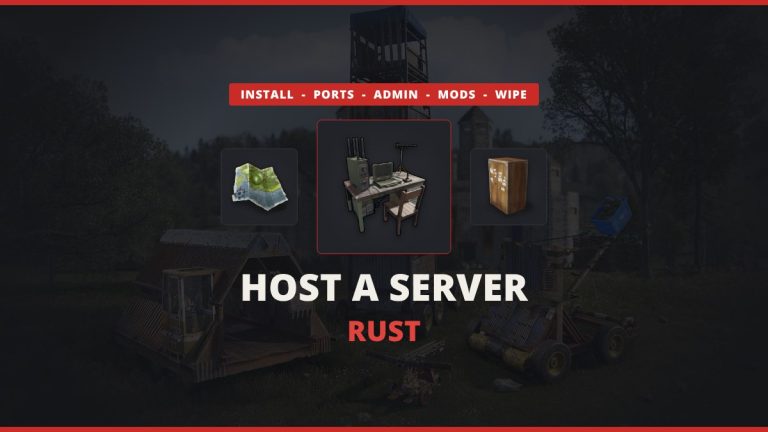 How to host a Rust server featured image: the Rust computer station icon between a map and a tool cupboard over real in-game Rust art