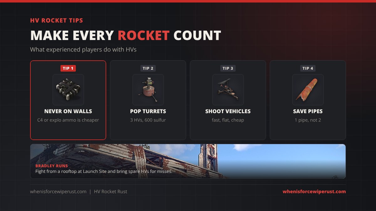 HV rocket tips in Rust: never use them on walls, pop auto turrets with 3, shoot vehicles, save metal pipes, fight Bradley from a rooftop at Launch Site