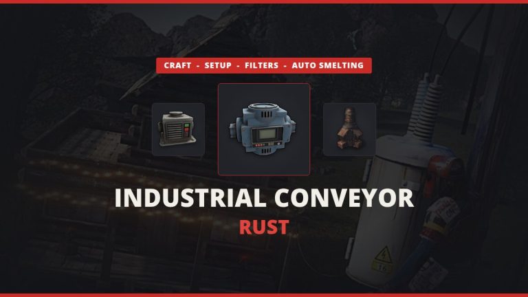 Industrial conveyor Rust featured image: the industrial conveyor icon between a storage adaptor and a large furnace over a real in-game Rust base