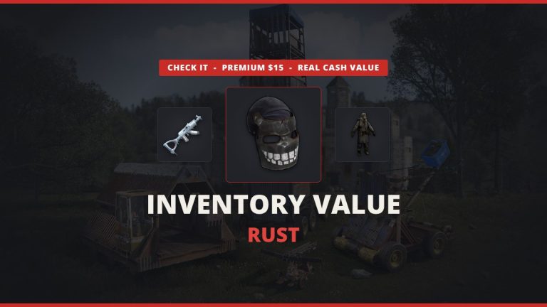 Rust Inventory Value featured image: a Metal Facemask between an Ice AK and Nomad hazmat skin over an in-game shot of Rust bases