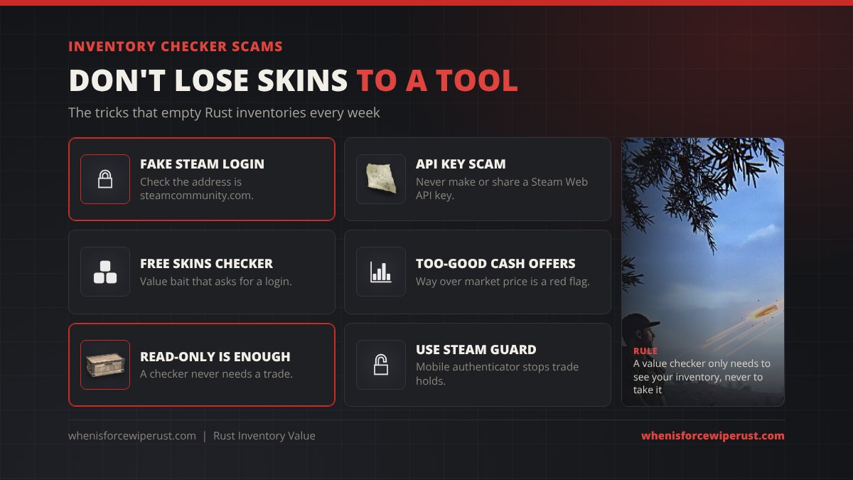 Rust inventory checker scams to avoid: fake Steam login pages, the Steam Web API key scam, free skin value checkers that ask for a login, cash offers far above market price, sites that ask for a trade, and accounts without the Steam Guard mobile authenticator