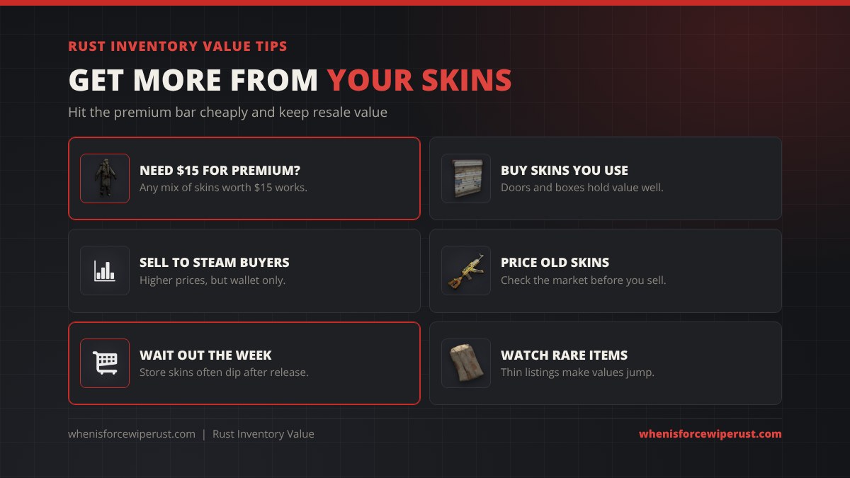 Rust inventory value tips: any mix of skins worth 15 dollars unlocks premium servers, buy door and box skins you use, Steam buyers pay more but only in wallet money, check the market before selling old skins, store skins often get cheaper after release week and rare items with thin listings swing in value