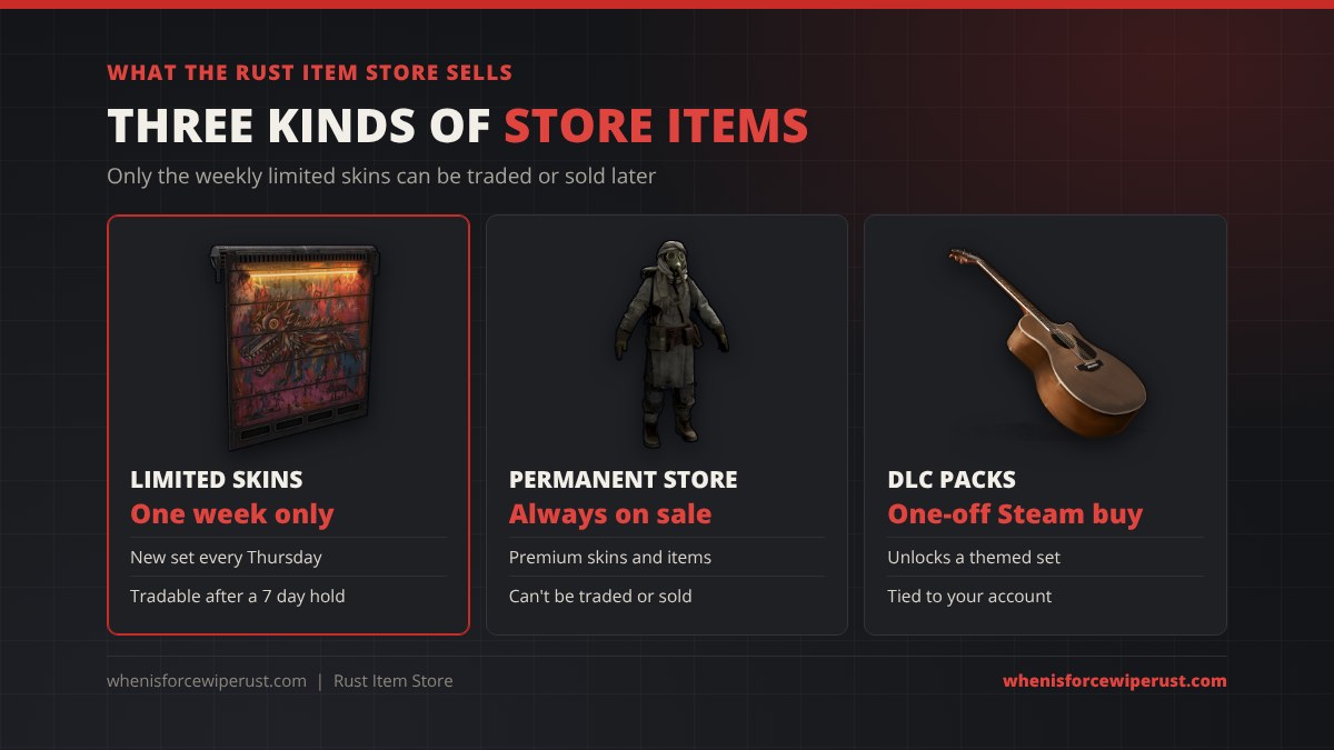 The three parts of the Rust Item Store: weekly limited skins, the permanent store and DLC packs