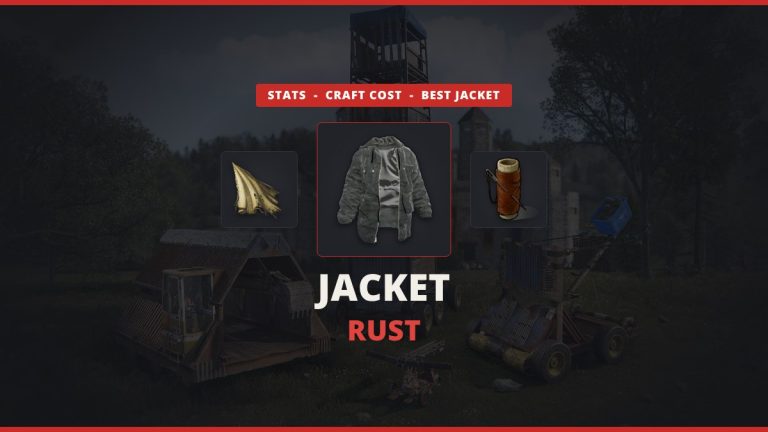 Rust Jacket featured image: the Rust Jacket icon between cloth and a sewing kit over official Rust temperate map art