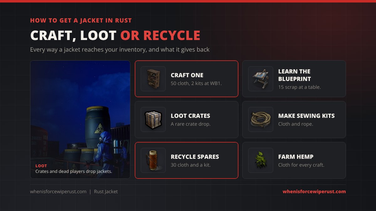 How to get a jacket in Rust: craft one for 50 cloth and 2 sewing kits at Workbench 1, learn the blueprint for 15 scrap, loot crates, make sewing kits from cloth and rope, recycle spares for 30 cloth and a sewing kit, and farm hemp for cloth