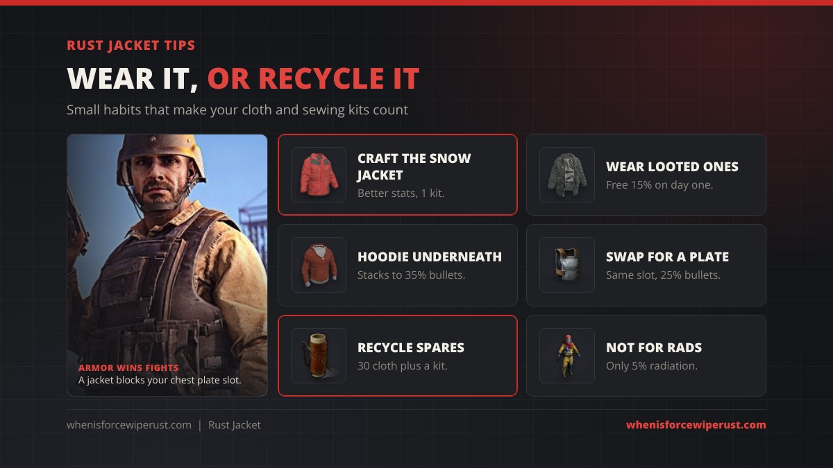 Rust jacket tips: craft the snow jacket for better stats and 1 sewing kit, wear looted jackets for free protection on day one, wear a hoodie underneath for 35% bullets, swap for a Metal Chest Plate in the same slot, recycle spares for 30 cloth and a sewing kit, and do not rely on it for radiation
