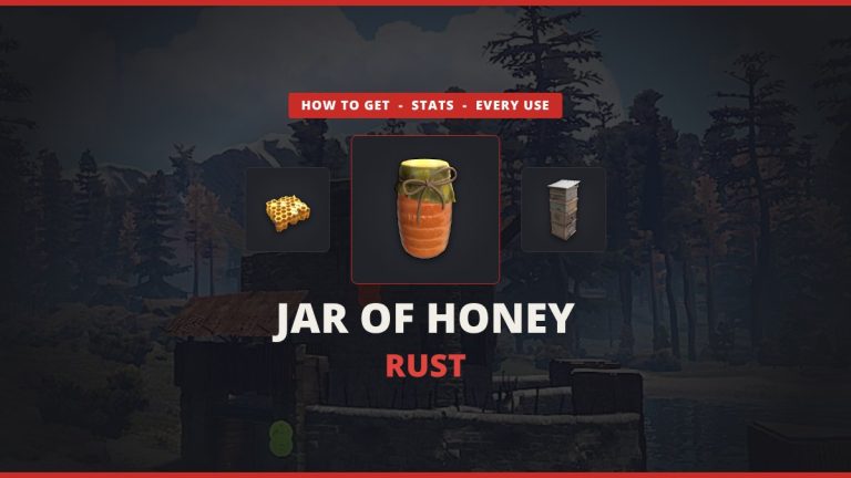 Jar of Honey Rust featured image: the Rust Jar of Honey icon between honeycomb and a Beehive over an in-game Rust forest base