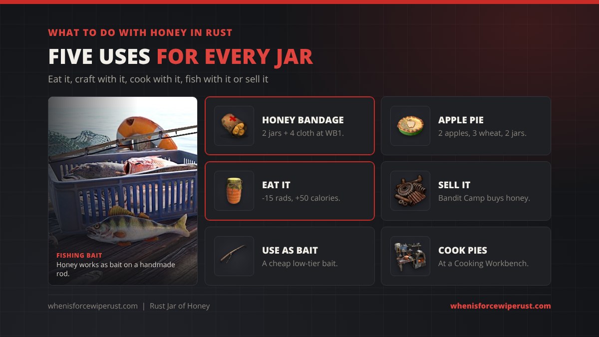 Uses of honey in Rust: craft a Honey Bandage from 2 jars and 4 cloth at a Workbench 1, bake an Apple Pie from 2 apples, 3 wheat and 2 jars at a Cooking Workbench, eat it for -15 radiation and +50 calories, sell it at the Bandit Camp for scrap, use it as fishing bait