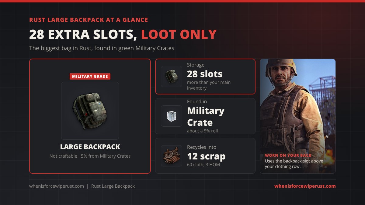 Large backpack Rust at a glance: 28 storage slots, not craftable, about a 5% drop from Military Crates, recycles into 12 scrap, 60 cloth and 3 HQM, worn in the backpack slot