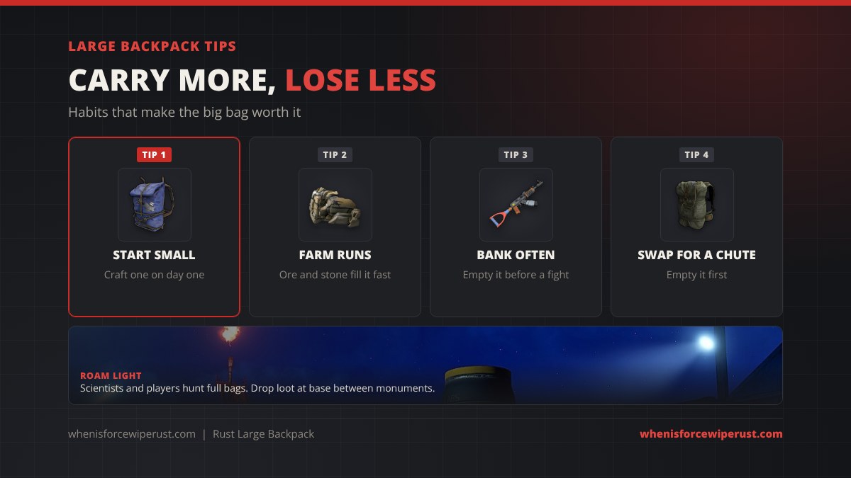 Rust large backpack tips: craft a small backpack on day one, use the backpack on ore and stone farm runs, bank loot often and empty it before a fight, empty it before swapping to a parachute, and roam light between monuments