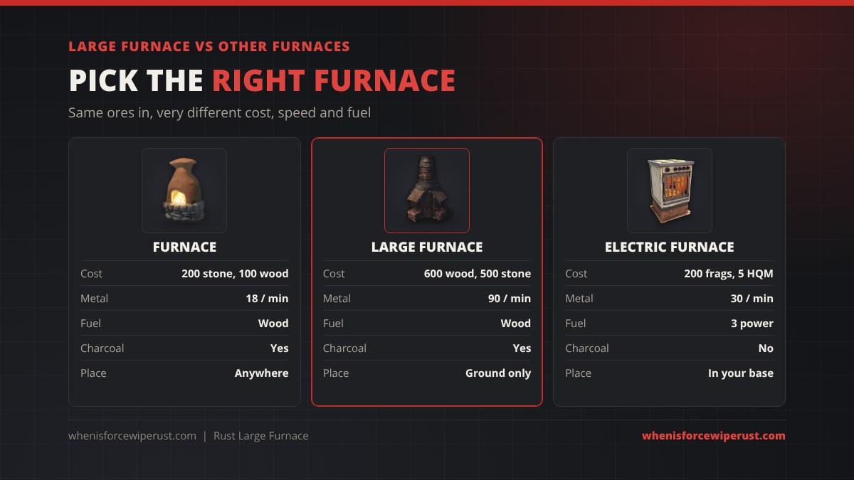 Large Furnace vs Furnace vs Electric Furnace in Rust: the furnace costs 200 stone and 100 wood and smelts 18 metal a minute anywhere, the Large Furnace costs 600 wood and 500 stone and smelts 90 a minute on the ground only, the Electric Furnace costs 200 fragments and 5 HQM, uses 3 power, smelts 30 a minute and makes no charcoal