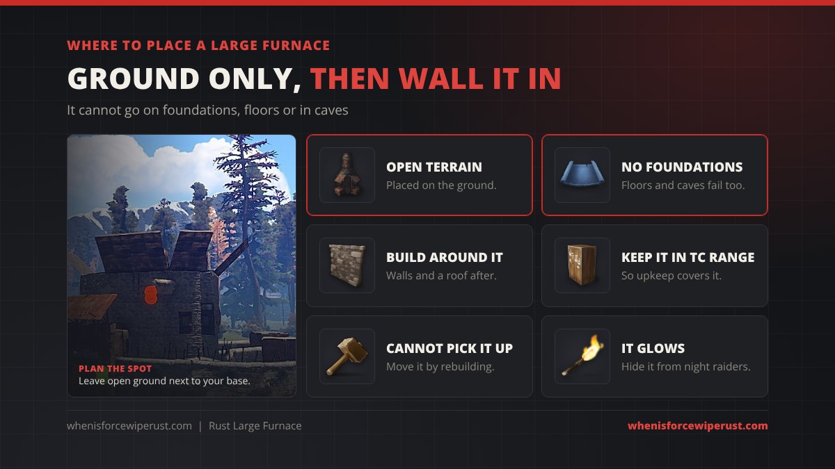 Where to place a Large Furnace in Rust: only on open terrain, not on foundations, floors or in caves; build walls and a roof around it, keep it in tool cupboard range, it cannot be picked up and it glows at night