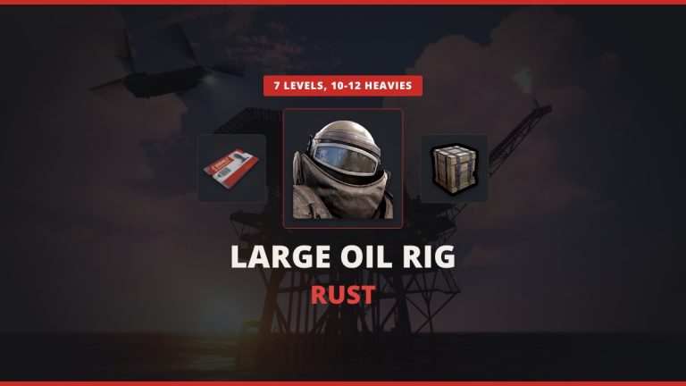 Large Oil Rig Rust featured image: a heavy scientist between a red keycard and the locked crate over the Large Oil Rig with a Chinook flying in to the helipad