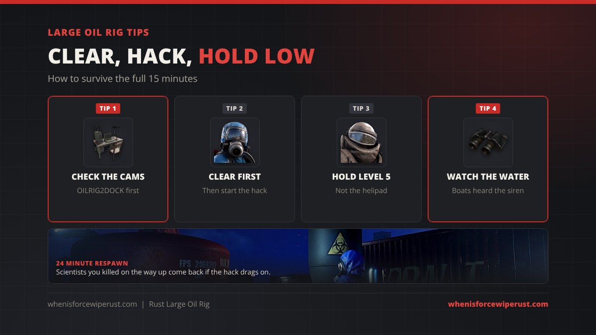 Large Oil Rig Rust tips: check the dock camera first, clear every level before you hack, hold Level 5 instead of the helipad, put one player on watch for boats, and loot the fragments first