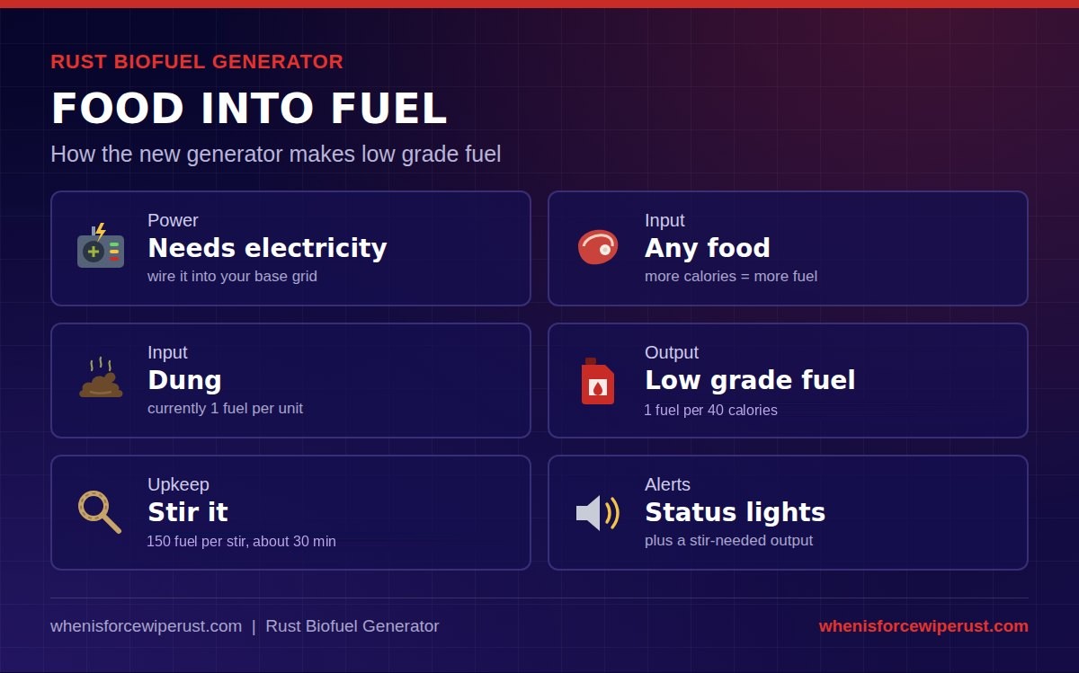 Rust biofuel generator: it needs electricity, any food goes in and more calories make more fuel, dung gives 1 fuel each, the output is low grade fuel at 1 fuel per 40 calories, one stir is good for 150 fuel (about 30 minutes), and it has status lights and a stir-needed output