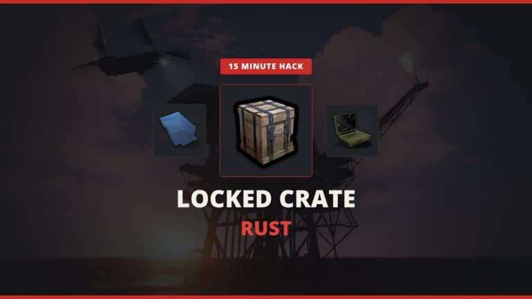 Locked Crate Rust featured image: the locked crate between Advanced Blueprint Fragments and a Targeting Computer over an Oil Rig with a Chinook flying in